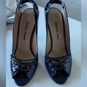 Manolo Blahnik Dark Blue Patent Peep Toe Heels